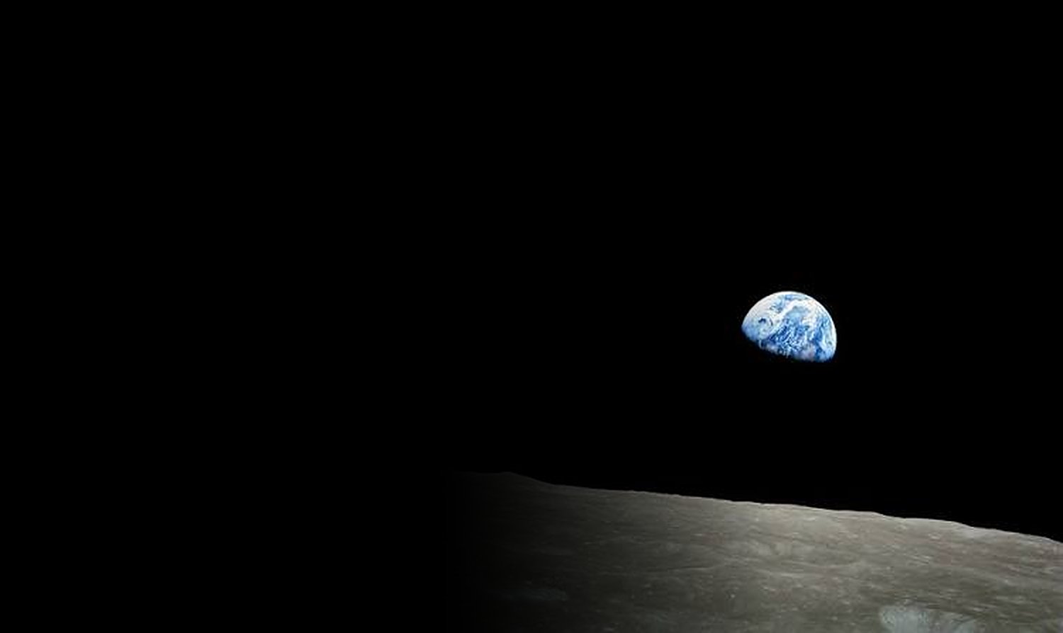 Earthrise: the Earth rising over the Moon, photographed from Apollo 8 in 1968
