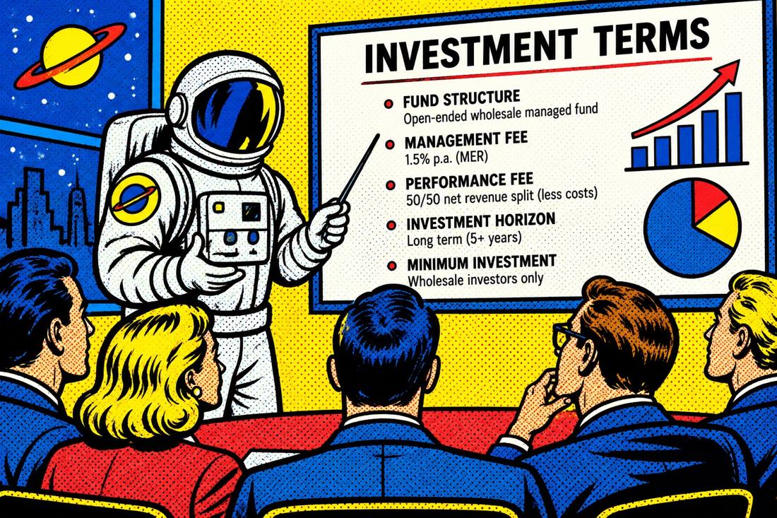 Pop-art spaceman presenting investment terms
